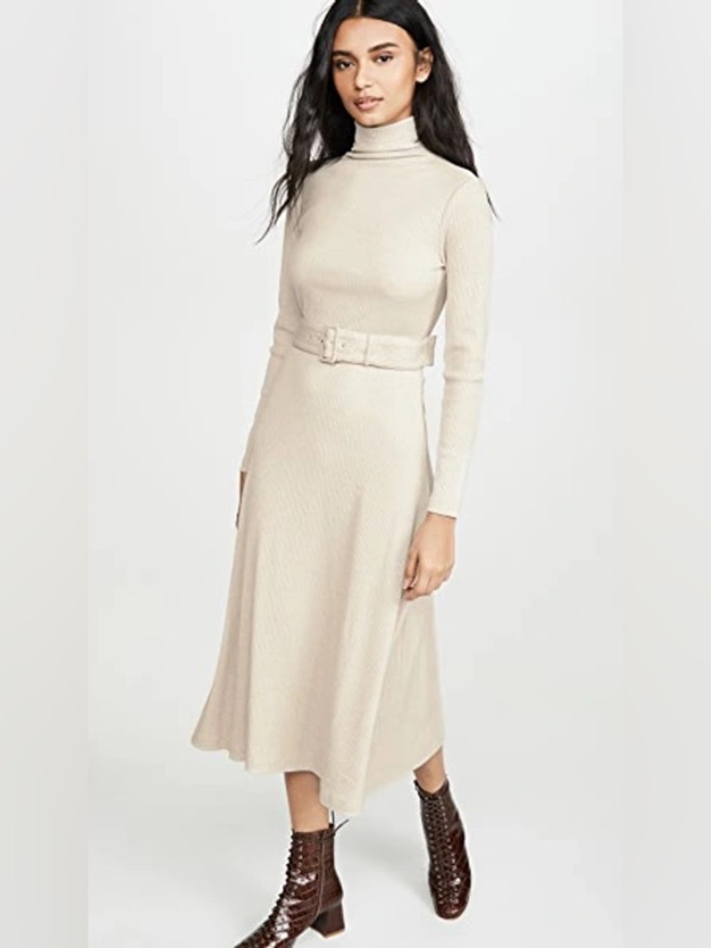 Club Monaco Cream Ribbed Turtleneck Belted Midi Dress